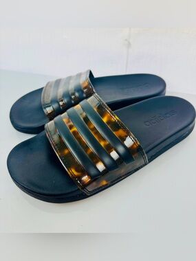 Adidas Black Slides with Tortoiseshell Strap Accent Size 39  US 8 Preowned